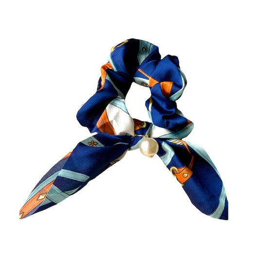 blue satin and white pearl chouchou-scarf