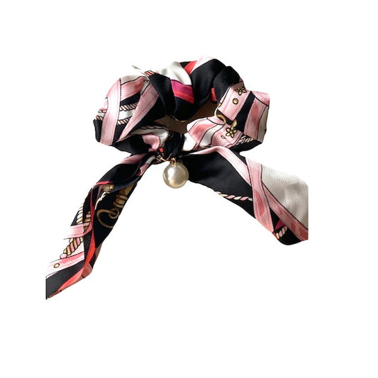 GLEDYS black and pink satin scarf scrunchie with white pearl chains pattern
